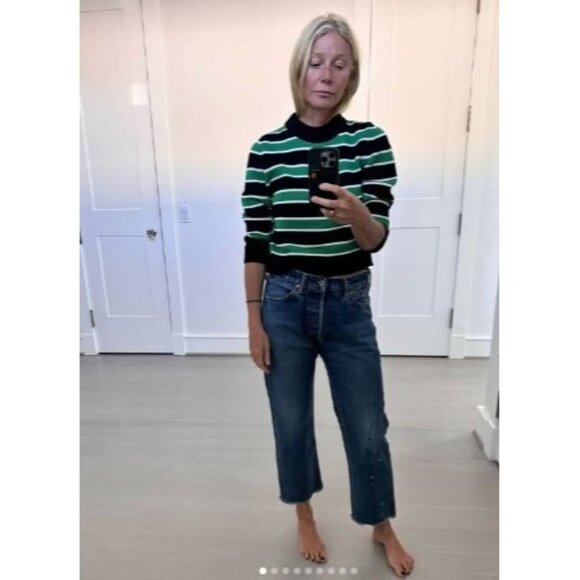 L.L. Bean Vintage Womens Striped Green & Navy Button-Up Cardigan Sweater L - Picture 4 of 12